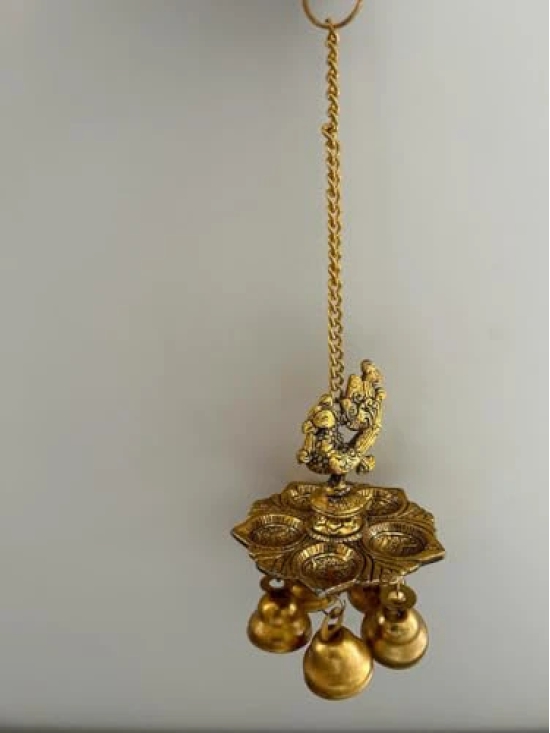 Aarna Creations Hand Crafted Metal Peacock with 5 Diya| Artistic Hanging Diya with Bells| Beautiful Hanging Panch Diya with Peacock Carving and Bells