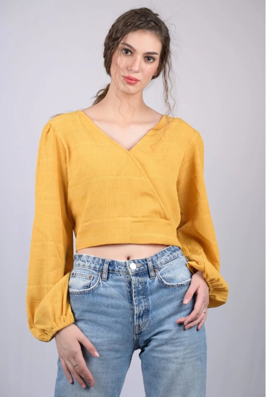 Women's Yellow  Regular Sleeves Surplice Neckline Top (OTL-TPS1017)-Yellow / S