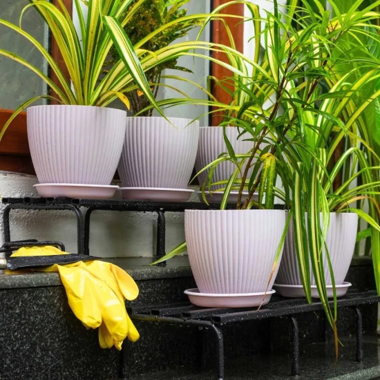 Fluted Dome Plastic Pot with Tray | Set of 5 Pink