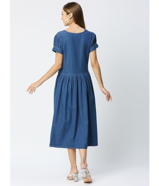 CEFALU Denim Solid Midi Women''s A-line Dress - Blue ( Pack of 1 ) - None