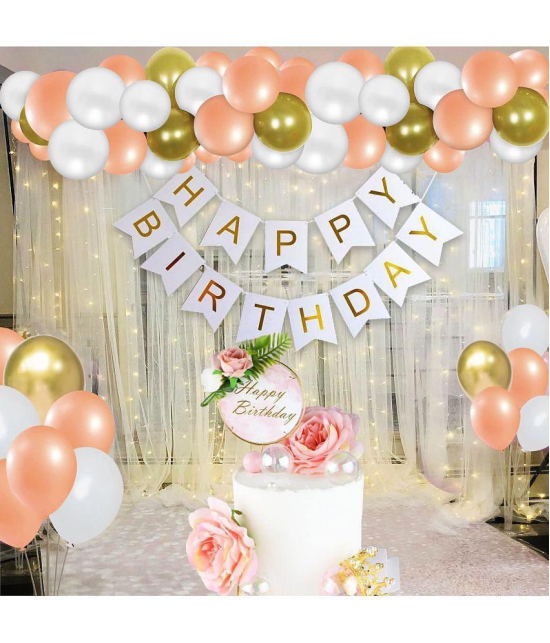 Party Propz Happy Birthday Decoration Kit Combo Set Birthday Bunting White Net Metallic Confetti Balloons With Balloon Knot - 63Pcs Happy Birthday Decorations Items - Multi-Color