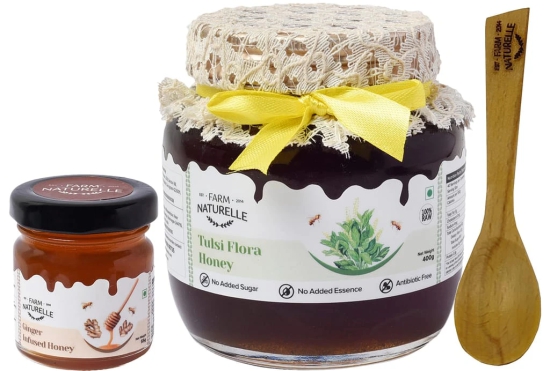 Farm Naturelle-Raw Natural Unprocessed Tulsi Forest Flower Honey -(Ayurved Recommended)-Huge Medicinal Value- 400Grams with 55 GMS and a Wooden Spoon.