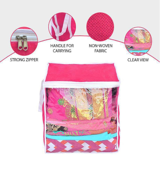 HOMETALES Non-Woven Saree Cover / Cloth Storage & Organizer with Transparent Window (Large, Pink)