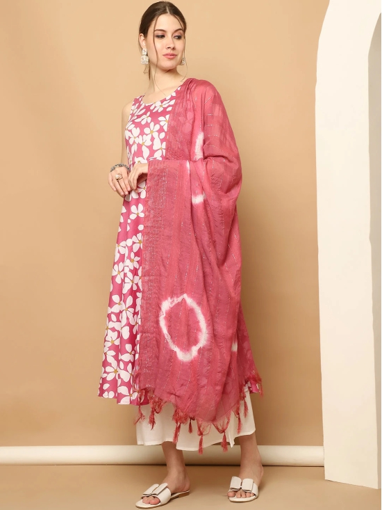 Printed pink flowers flared kurta pallazos dupatta set-M / Pink