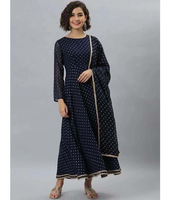 Janasya Georgette Printed Flared Womens Kurti with Dupatta - Navy Blue ( Pack of 1 ) - None