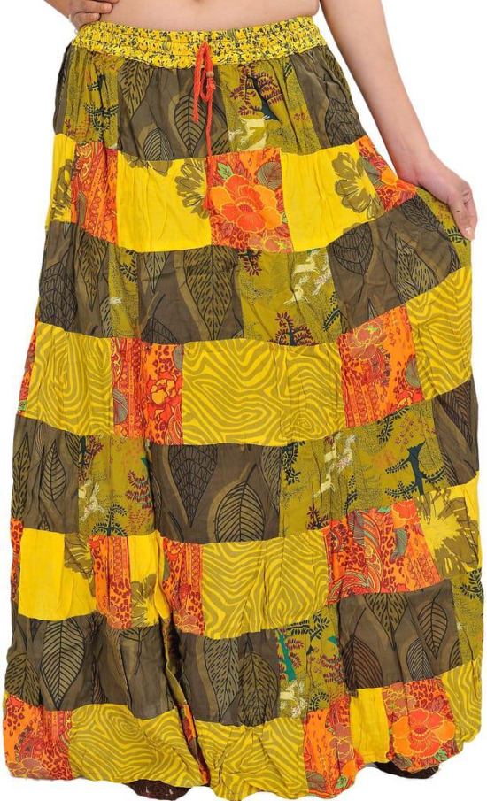 Yellow Printed Long Boho Skirt from Gujarat with Patch Work