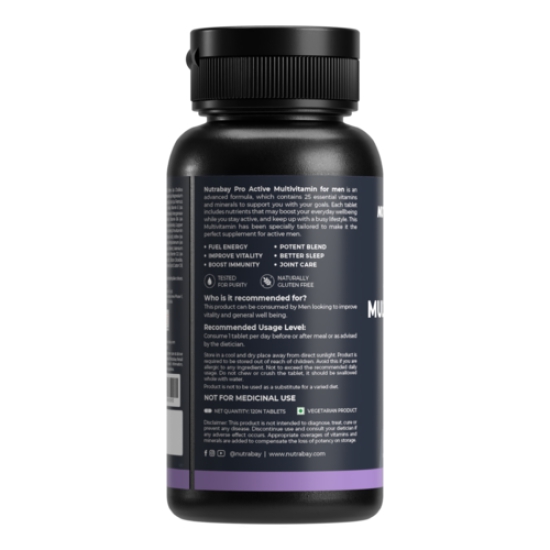 Nutrabay Pro Active Multivitamin for Men - 120 Tablets | 25 Vital Vitamins & Minerals with Zinc, Vitamin C, Vitamin D, Vitamin B12, and Multiminerals | Enhances Energy, Stamina & Immunity