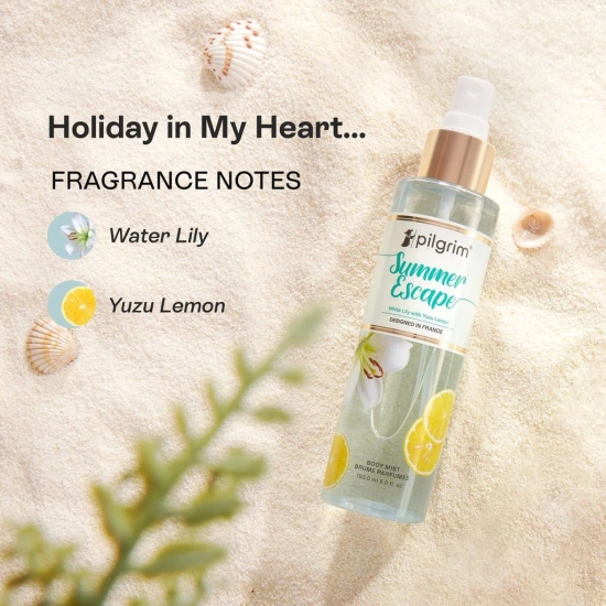 Pilgrim Summer Escape Body Mist (White Lily with yuzu lemon)| Citrus body mist for women long lasting| White lily & yuzu lemon for a vacation feel| Perfume for women| Designed in France| 150 ml