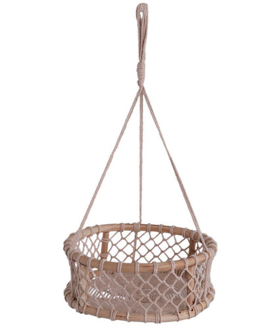 NUEVOSGHAR ROUND WOODEN BASKET MACRAME HANGING PLANTER Door Hanging Beige - Pack of 1