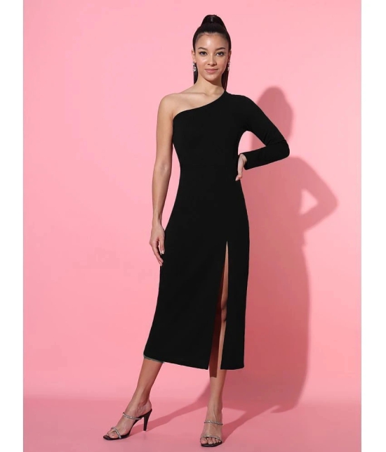 Addyvero Cotton Blend Solid Midi Womens Side Slit Dress - Black ( Pack of 1 ) - None