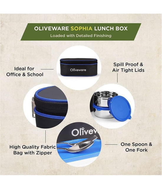 Oliveware Sophia Insulated Fabric Bag Lunch Box, Stainless Steel 3 Containers with Steel Spoon & For - Blue