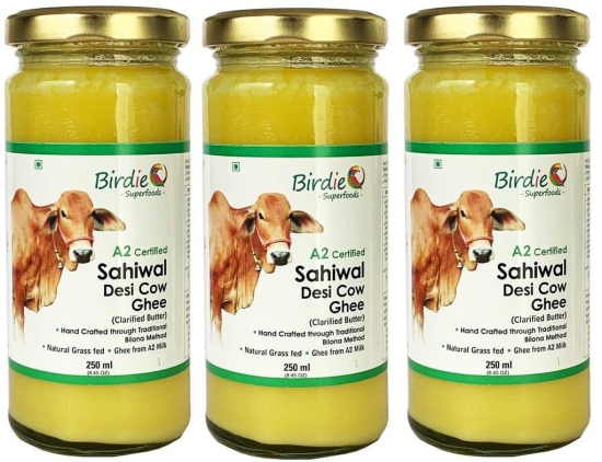 Birdie Superfoods -100% PureA2 Milk Sahiwal Cow Desi Ghee Through Vedic Bilona Method (Glass Bottle- 250 mlx3 combo )
