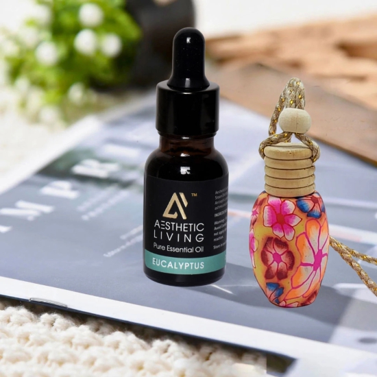 Aesthetic Living Car Aromatizer/ Diffuser Bottle with Essential Oil (Gourd Shape-15 ml+ Eucalyptus Essential Oil, 15 ml)