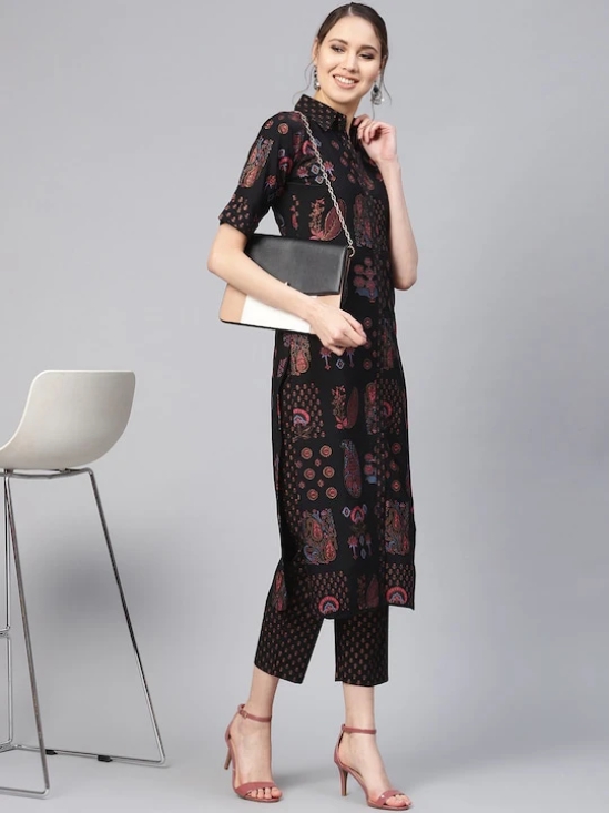 Women Black & Pink Printed Kurta with Trousers