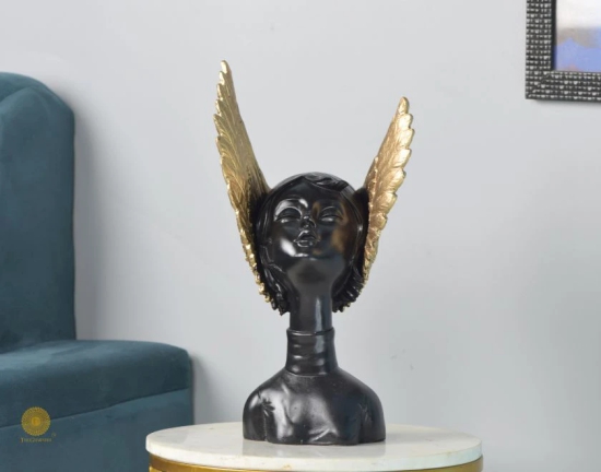 Golden Wings Angel Face Sclupture (5.5x13 Inches)-Black