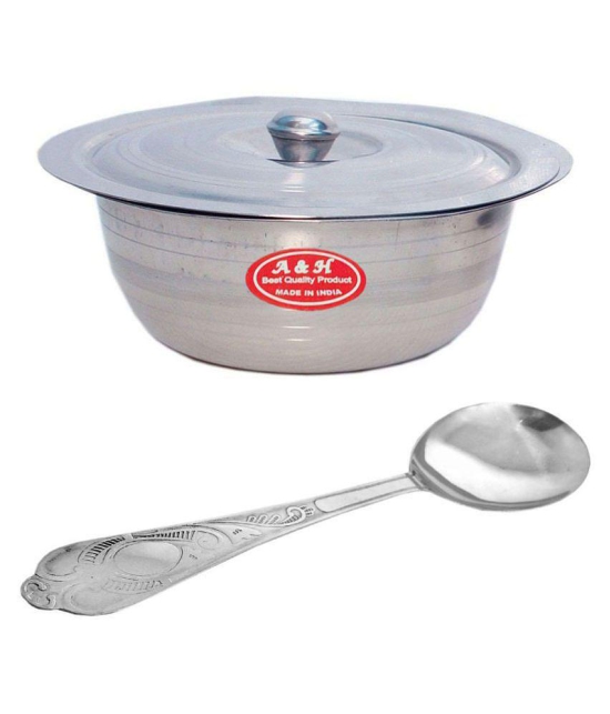 A & H ENTERPRISES Set of 1 Pc Serving Bowls With Lid ( Dongas ) & 1 Serving Spoon - Stainless Steel