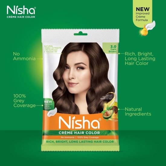 Nisha Creme Hair Color Dark Brown 40g Pack of 6, Permanent Hair Color for Women Men, No Ammonia, 100% Grey Coverage