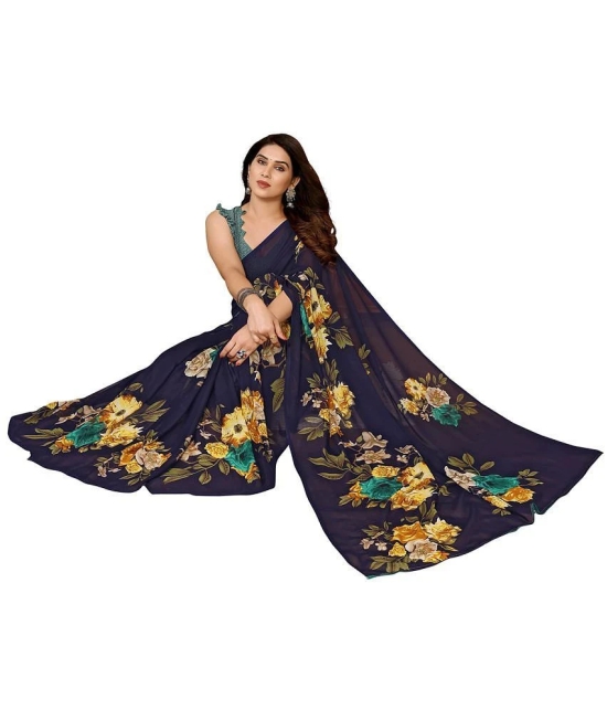 Anand Georgette Printed Saree With Blouse Piece - Navy Blue ( Pack of 1 ) - Navy Blue