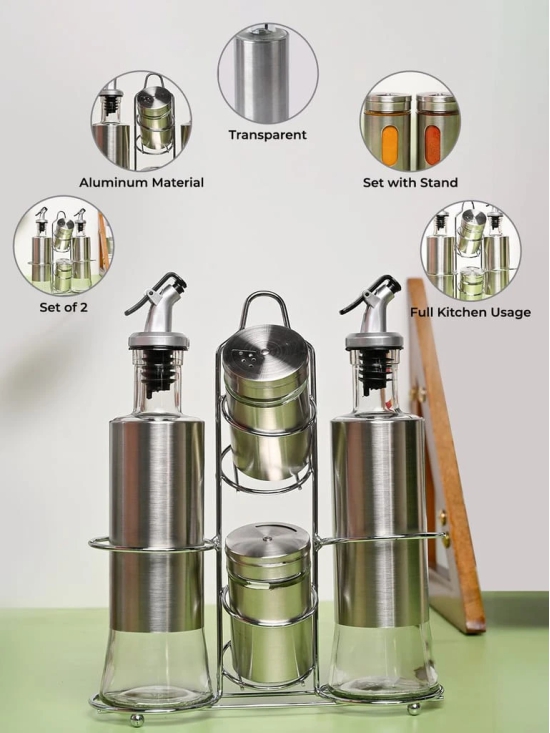 VON CASA Condiment Set Salt & Pepper with 2 Oil Dispenser Set with Stand - Stainless Steel Glossy Finish