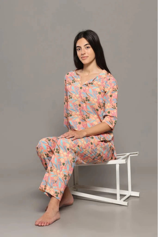 BREATHABLES Women Cotton Printed Loungewear Kurta and Pants Co-ord Set 3/4 Sleeve Round Neck Comfort Loose Fit (Night Wear | Co-ord set | Lounge Wear Set)