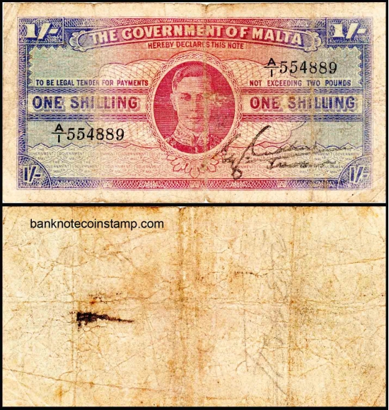 Malta 1 Shilling  Very Used & Damaged Banknote