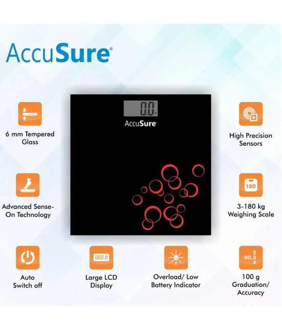 AccuSure Black & Silver Digital Bathroom Weighing Scale, LCD Panel,6mm Tempered Glass - 1Yr Warranty