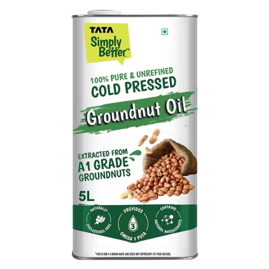 Tata Simply Better Pure and Unrefined Cold Pressed Groundnut (Peanut) Oil, Kolhu/Kacchi Ghani/Mara Chekku/Ganuga, Naturally Cholesterol Free, 5L, With Rich Aroma & Flavour of Real A1 Grade Groundnuts