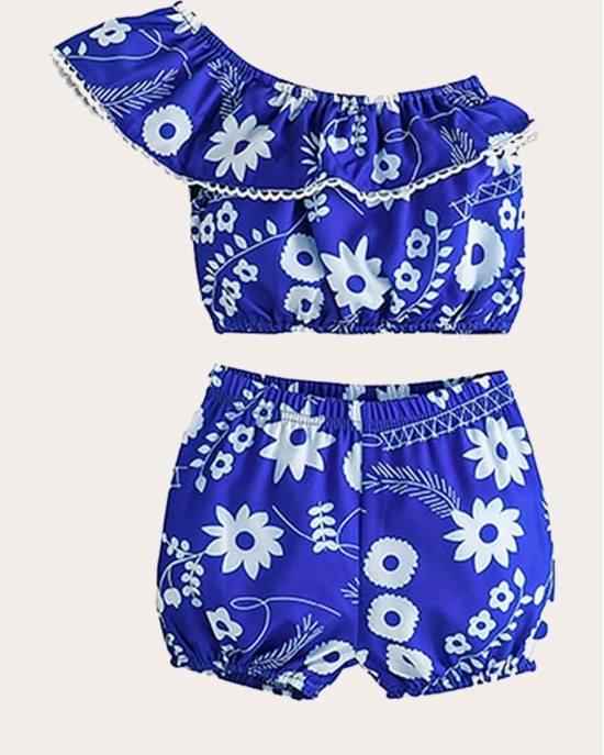 Girls One Shoulder Printed Crop Top & Shorts Set Kids Summer Clothes-Blue / 1 - 2 Years