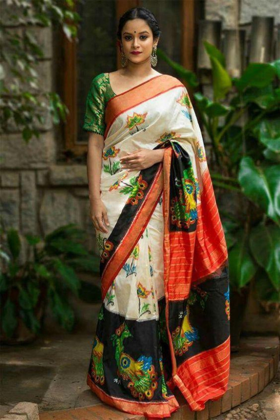 Pinapple Colour Embroidered Linen Sarees Online