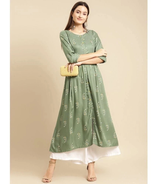 Rangita Women Rayon Green Self Textured Calf Length A-Line Kurti With Gathers At Waist - None