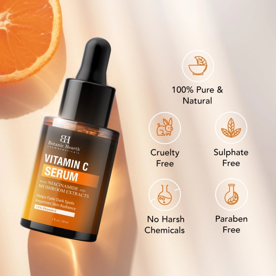 Botanic Hearth Vitamin C Face Serum: Niacinamide, Hyaluronic Acid, Allantoin, Cica, Ferulic Acid, Vitamin E. Targets dark spots, sun damage, wrinkles.-Botanic Hearth 15% Vitamin C Face Serum: Tar