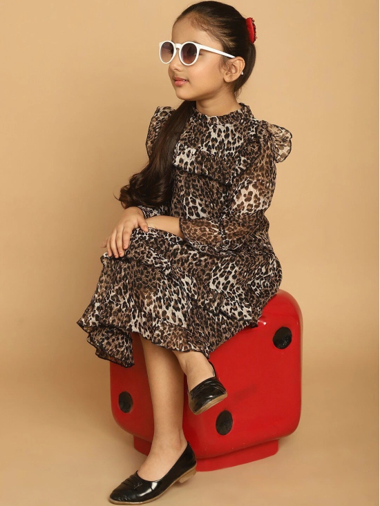 MINI & MING Girls Animal Printed Ruffled Bell Sleeves Georgette Fit & Flare Dress