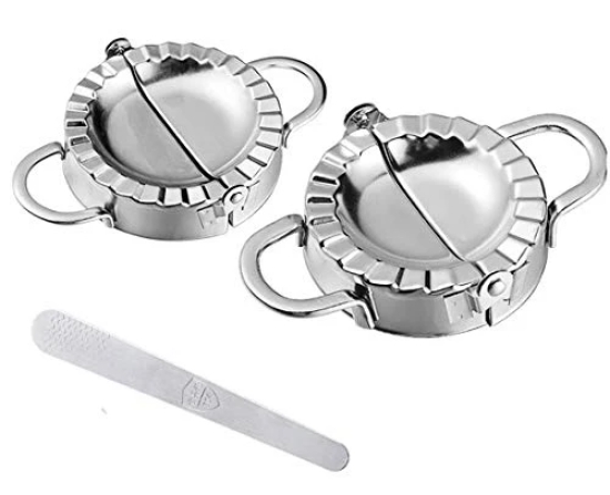 NIDY® 2Pcs Dumpling Maker Dough Press Mould 1Pc Filling Spoon 16cm Stainless Steel Wrapper Dough Cutter Kitchen Tools for Dumpling Dough Stamp Cutter Pastry Pie Making (Small 3 inch, Large 3.75 inch)