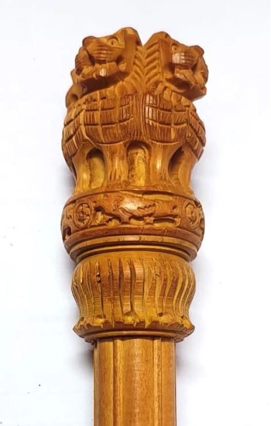 Wooden Article carved lion head and Ashoka Chakra