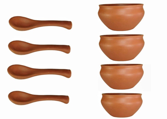 KSI Clay Bowls with Spoons for Kitchen & Restaurant Terracotta Handmade Clay Soup Bowl with Spoon for Soup, Dal, Kadhi, Curry 250 ml Each (Pack of 4)