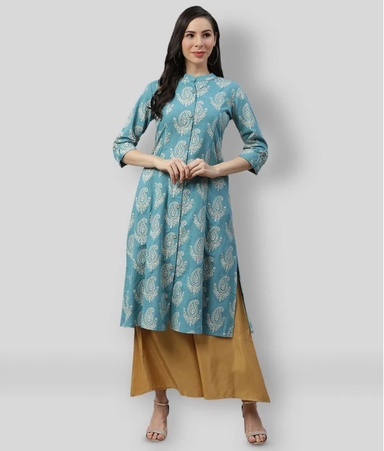 Divena - Turquoise Cotton Womens Front Slit Kurti ( Pack of 1 ) - 3XL