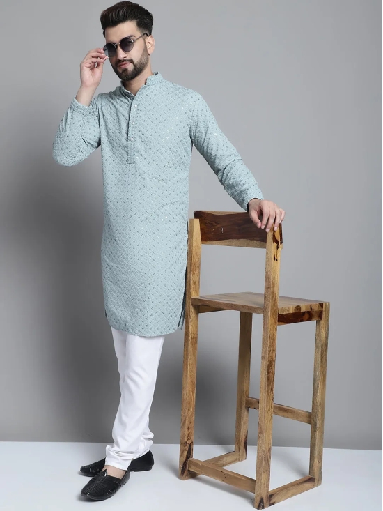 Men Blue Chikankari Embroidered and Sequence Kurta with Churidar-XXL / Blue