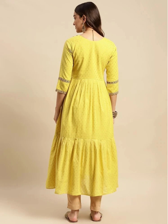 Rangita Women 100% Cotton Lime Green Yoke Embroidered Self Textured Calf Length Anarkali - None