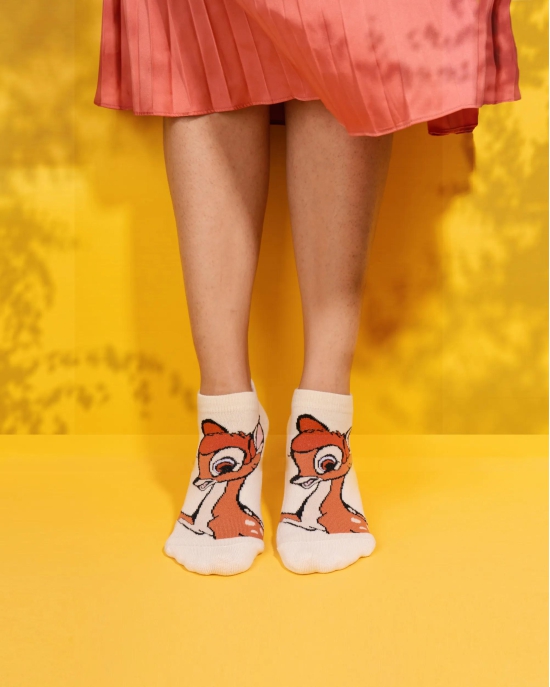 Balenzia X Disney Character Cushioned Ankle socks for women-Bambi(Pack of 1 Pair/1U)-Cream-Stretchable from 19 cm to 30 cm / 1 N / CREAM