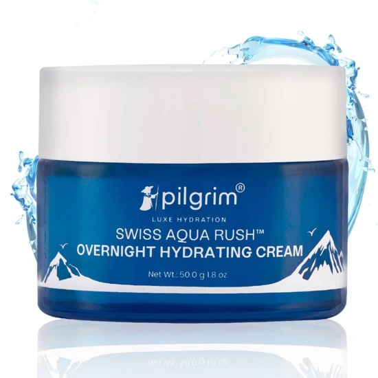 Pilgrim Swiss Aqua Rush? Overnight Hydrating Face Cream| Crafted with powerful hydrators- Swiss Aqua Rush?, Aquaxyl? & Ceramides | Overnight Intense Hydration | Fortifies skin barrier | 50g