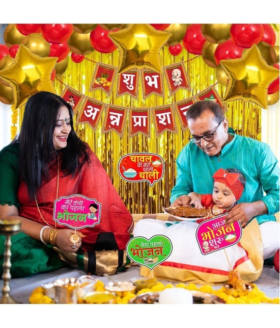 Zyozi ® Shubh Annaprashan Decorations Item | Baby Rice Ceremony Decorations| Rice Ceremony Decorations Combo - Banner, PhotoBooth Props, Foil Balloons (Pack Of 51) - Red