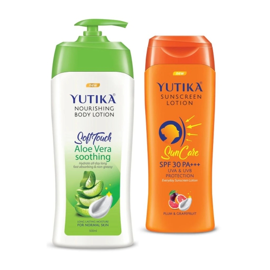 Yuthika Aloe Vera Body Lotion 500ml and Sunscreen Lotion SPF 30 PA+++ with UVA & UVB Protection - 300ml