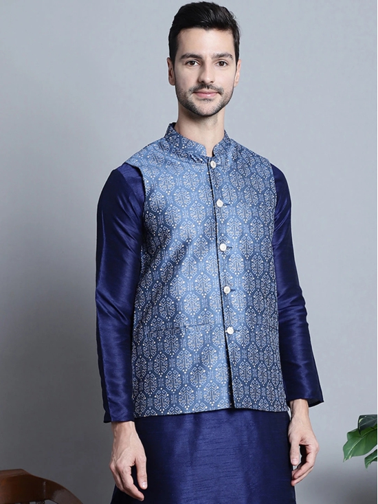 Mens Printed Nehru Jacket-S / Blue