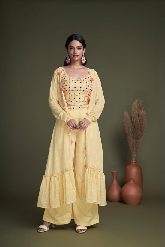 Yellow Mirror Embroidered Georgette Party Wear Palazzo