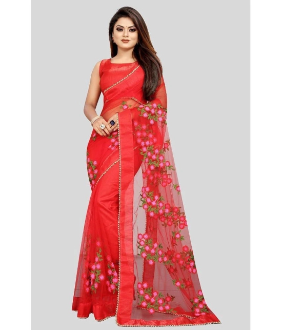 Gazal Fashions - Red Net Saree With Blouse Piece ( Pack of 1 ) - Red