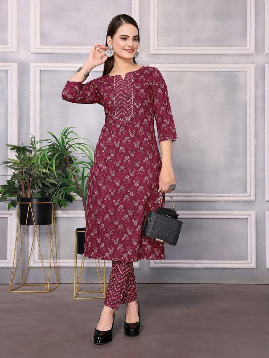 Rangita Women Cotton Maroon Floral Printed Calf Length Straight Kurti With Pants - None