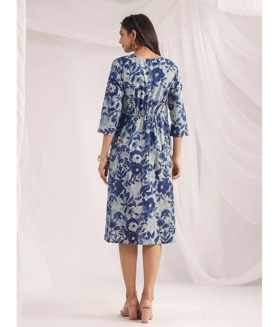 Janasya Cotton Printed Knee Length Womens A-line Dress - Indigo ( Pack of 1 ) - None