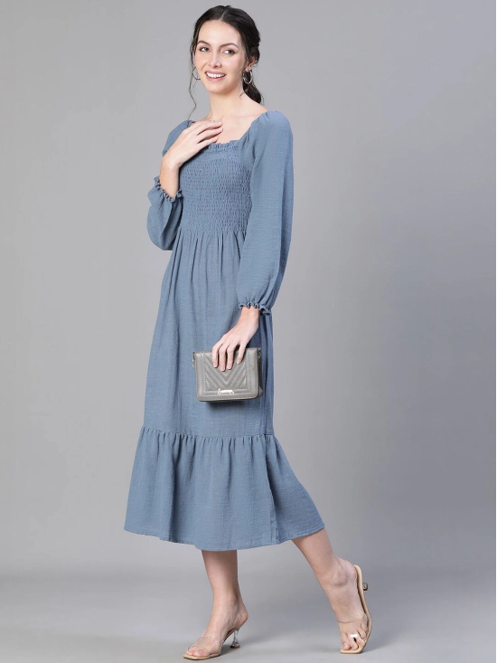 Oxolloxo Solid Smocked Puff Sleeve Tiered Cotton Fit & Flare Midi Dress