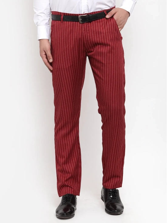 Indian Needle Men's Red Cotton Striped Formal Trousers-32 / Maroon