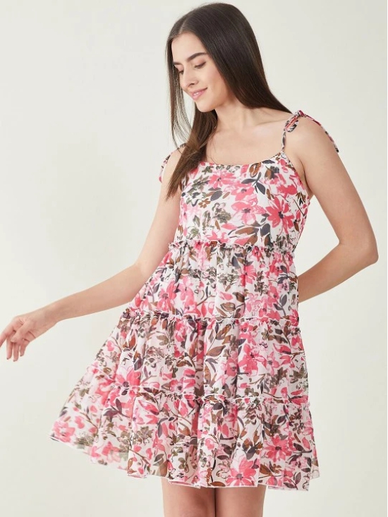 Floral Printed Shoulder Straps Tiered Georgette Fit & Flare Dress